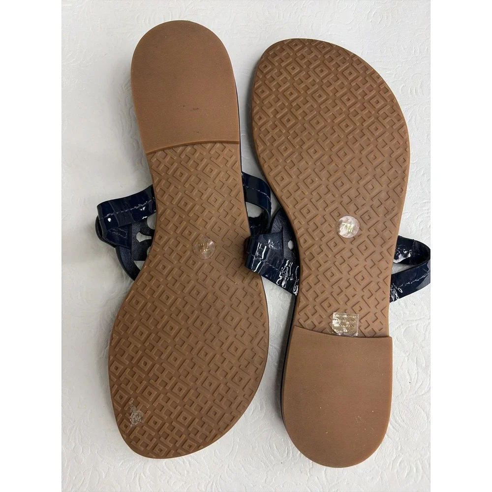 Tory Burch Miller Sandals Navy Blue Rainbow Logo Patent‎ Leather Thong Flat 7M